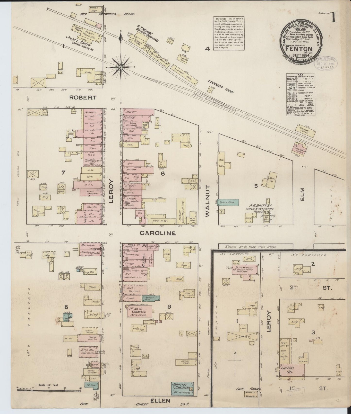 Sanborn Fire Insurance Map from Fenton, Genesee County, Michigan (1884), Sheet #0001 - Complete Map Set gallery image, historic Sanborn map, vintage wall art, Michigan Michigan