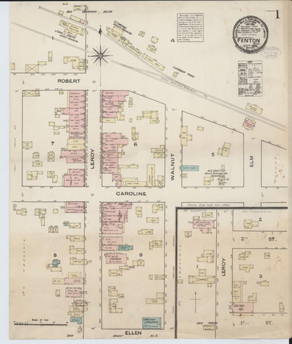 Sanborn Fire Insurance Map from Fenton, Genesee County, Michigan (1884), Sheet #0001 - Complete Map Set gallery image, historic Sanborn map, vintage wall art, Michigan Michigan