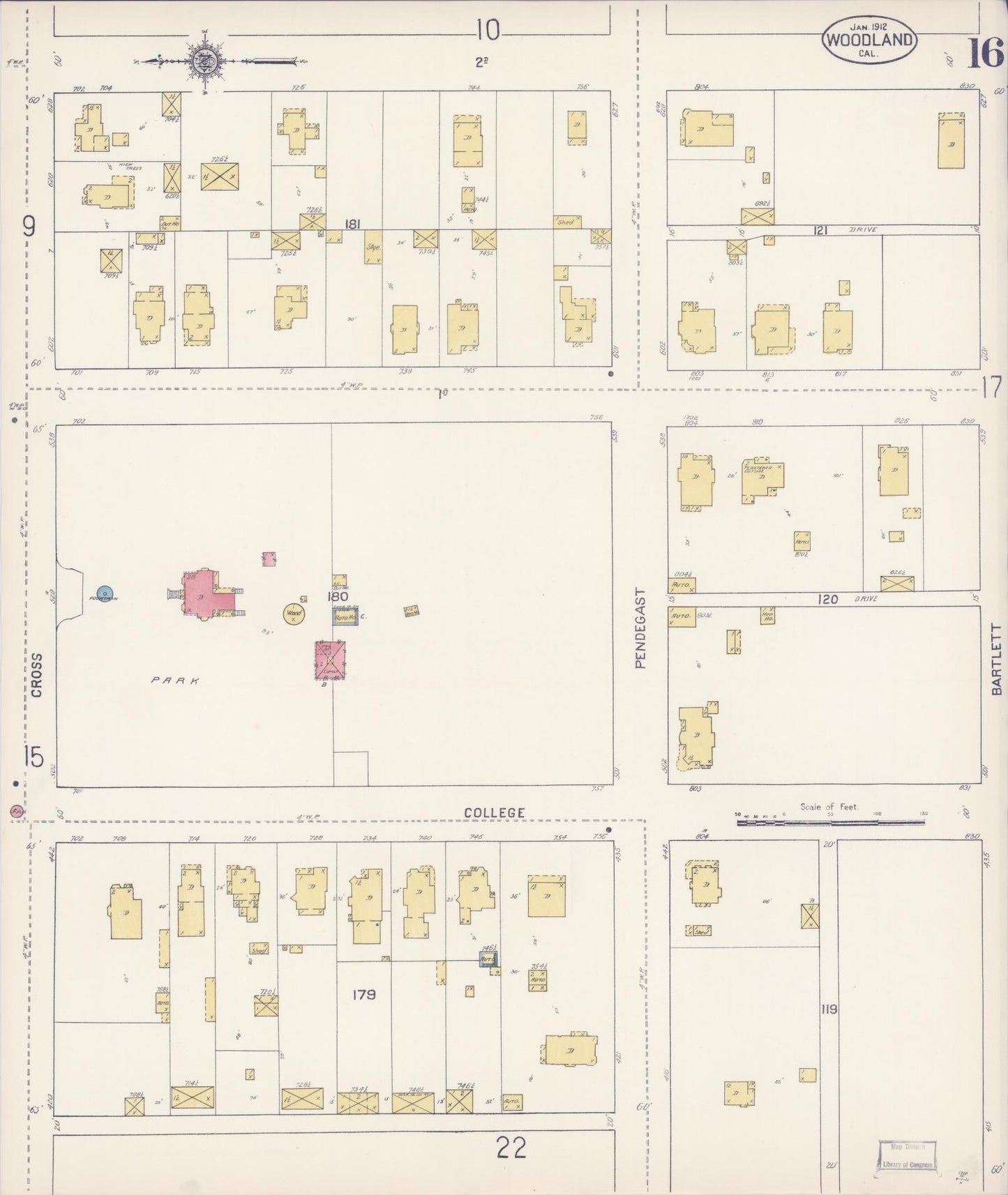 Sanborn Fire Insurance Map from Woodland, Yolo County, California (1912), Sheet #0016 - Complete Map Set gallery image, historic Sanborn map, vintage wall art, California California
