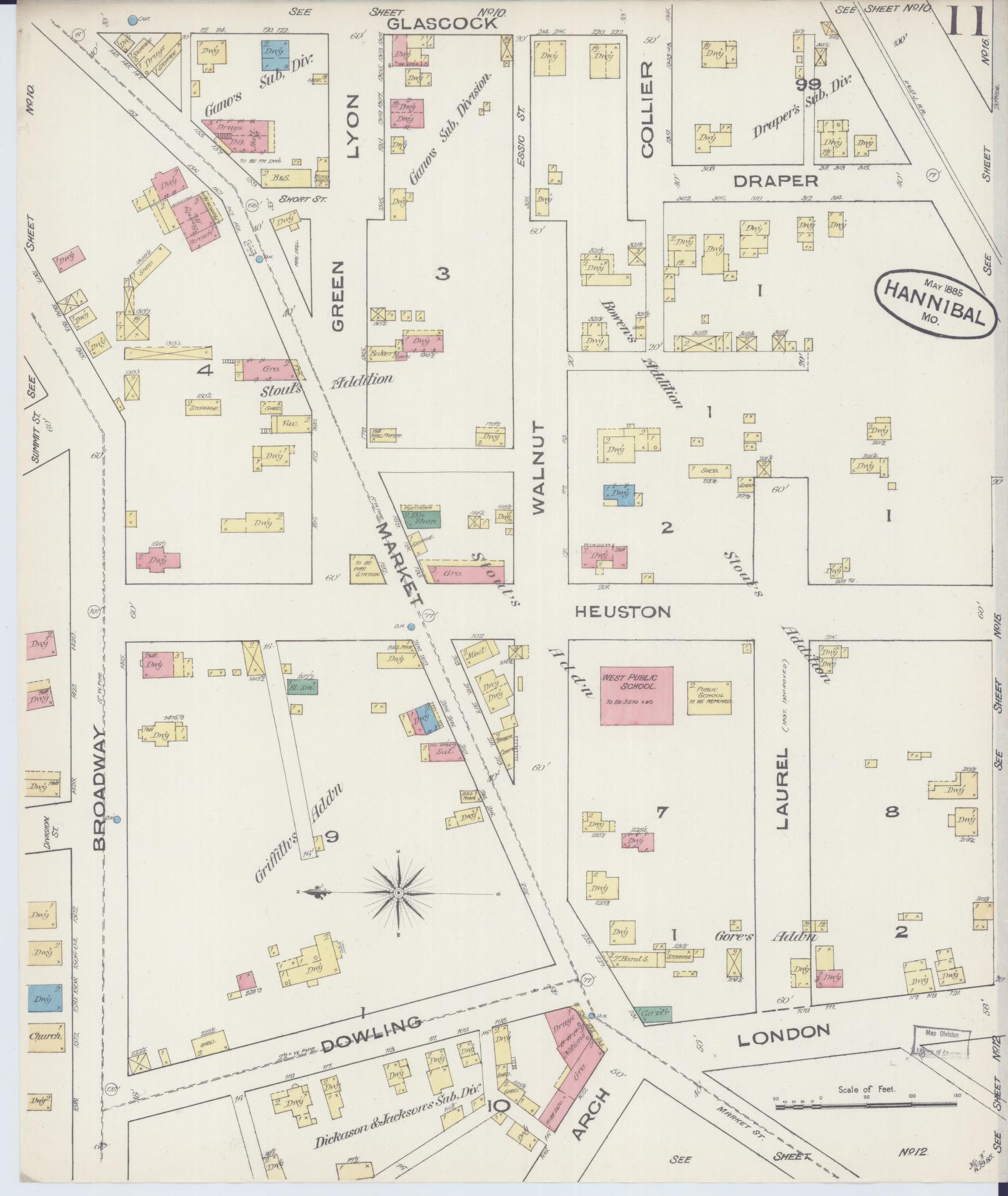 Sanborn Fire Insurance Map from Hannibal, Marion County, Missouri (1885), Sheet #0011 - Historic Sanborn Fire Insurance Map Print, vintage old map wall art, antique decor, genealogy gift, Missouri Missouri map