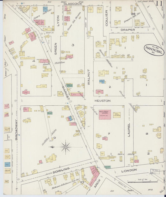 Sanborn Fire Insurance Map from Hannibal, Marion County, Missouri (1885), Sheet #0011 - Historic Sanborn Fire Insurance Map Print, vintage old map wall art, antique decor, genealogy gift, Missouri Missouri map