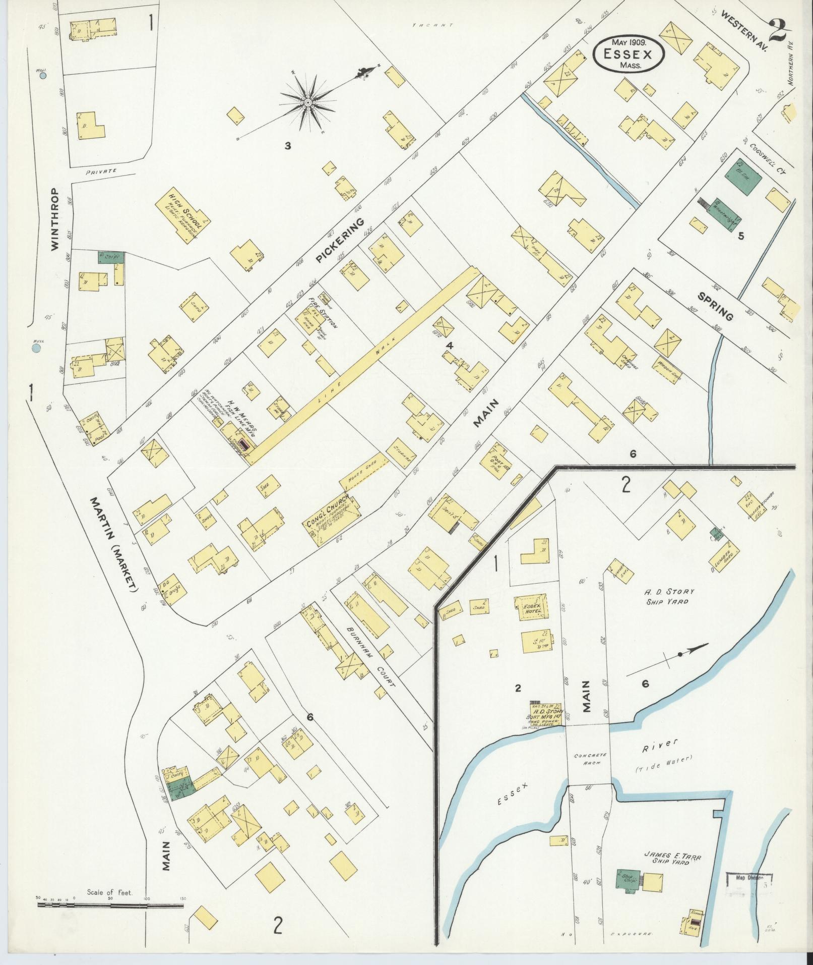 Sanborn Fire Insurance Map from Essex, Essex County, Massachusetts (1909), Sheet #0002 - Historic Sanborn Fire Insurance Map Print, vintage old map wall art, antique decor, genealogy gift, Massachusetts Massachusetts map