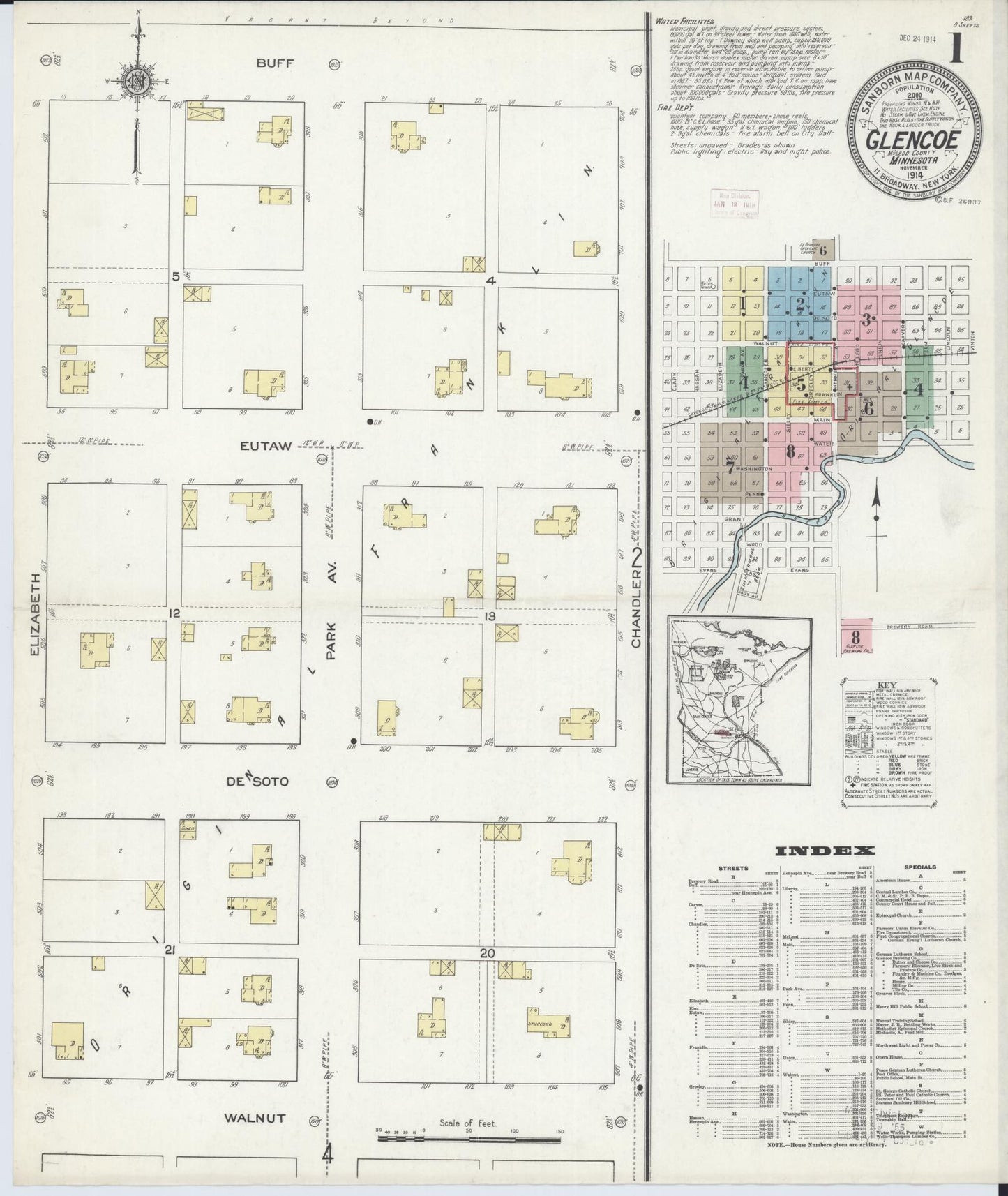 Sanborn Fire Insurance Map from Glencoe, Mcleod County, Minnesota (1914), Sheet #0001 - Complete Map Set gallery image, historic Sanborn map, vintage wall art, Minnesota Minnesota