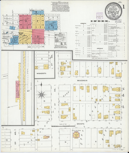 Sanborn Fire Insurance Map from Staples, Todd County, Minnesota (1904), Sheet #0001 - Historic Sanborn Fire Insurance Map Print, vintage old map wall art, antique decor, genealogy gift, Minnesota Minnesota map