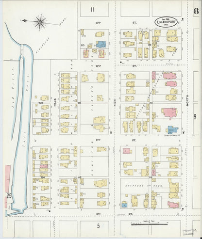 Sanborn Fire Insurance Map from Logansport, Cass County, Indiana (1906), Sheet #0008 - Historic Sanborn Fire Insurance Map Print, vintage old map wall art, antique decor, genealogy gift, Indiana Indiana map