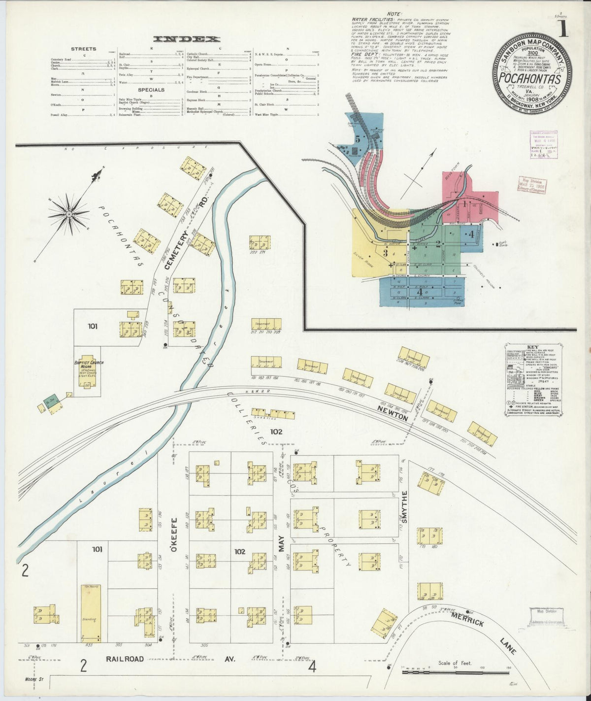Sanborn Fire Insurance Map from Pocahontas, Tazewell County, Virginia (1908), Sheet #0001 - Complete Map Set gallery image, historic Sanborn map, vintage wall art, Virginia Virginia