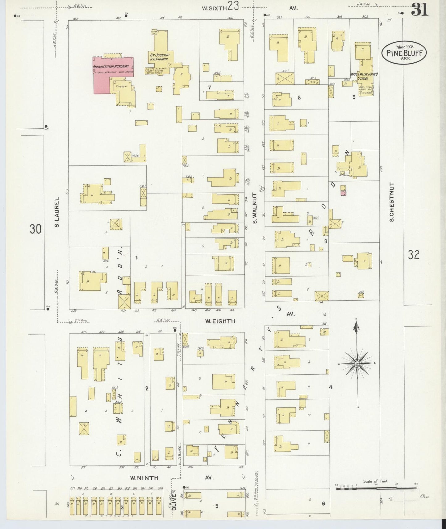 Sanborn Fire Insurance Map from Pine Bluff, Jefferson County, Arkansas (1908), Sheet #0031 - Complete Map Set gallery image, historic Sanborn map, vintage wall art, Arkansas Arkansas