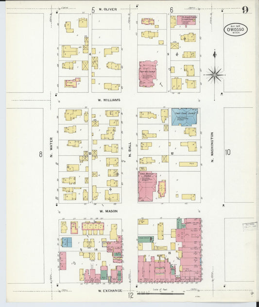 Sanborn Fire Insurance Map from Owosso, Shiawassee County, Michigan (1908), Sheet #0009 - Historic Sanborn Fire Insurance Map Print, vintage old map wall art, antique decor, genealogy gift, Michigan Michigan map