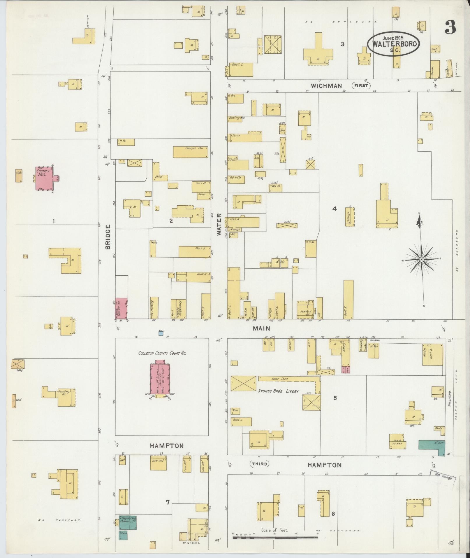 Sanborn Fire Insurance Map from Walterboro, Colleton County, South Carolina (1905), Sheet #0003 - Complete Map Set gallery image, historic Sanborn map, vintage wall art, South Carolina South Carolina