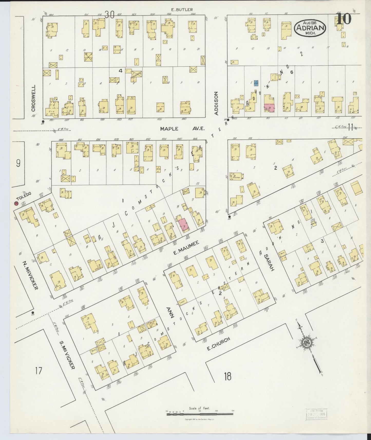 Sanborn Fire Insurance Map from Adrian, Lenawee County, Michigan (1916), Sheet #0010 - Complete Map Set gallery image, historic Sanborn map, vintage wall art, Michigan Michigan