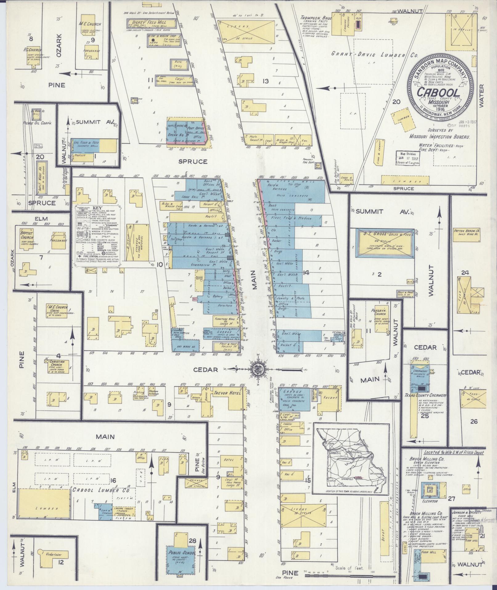 Sanborn Fire Insurance Map from Cabool, Texas County, Missouri (1916), Sheet #0001 - Historic Sanborn Fire Insurance Map Print, vintage old map wall art, antique decor, genealogy gift, Missouri Missouri map
