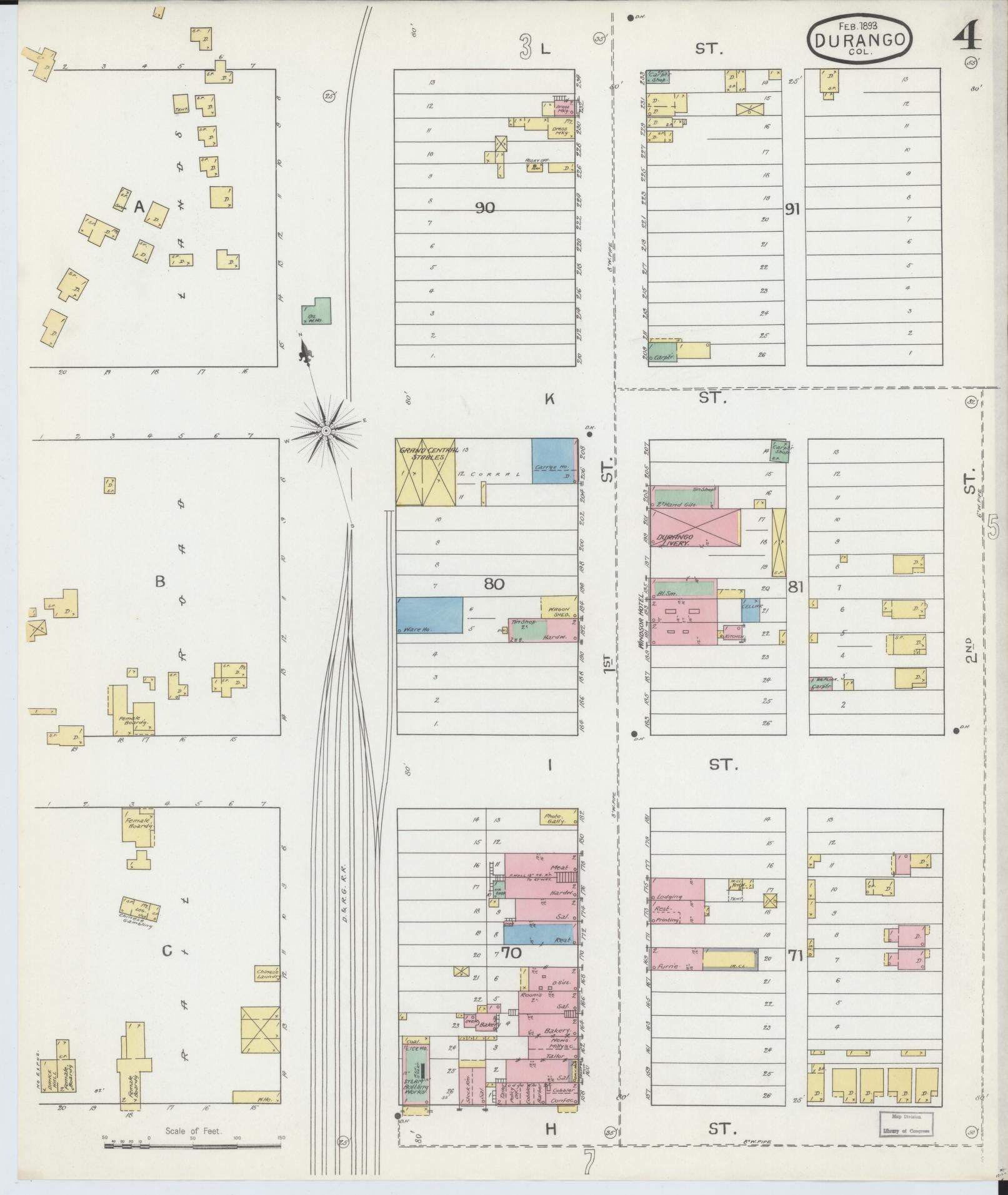 Sanborn Fire Insurance Map from Durango, La Plata County, Colorado (1893), Sheet #0004 - Historic Sanborn Fire Insurance Map Print, vintage old map wall art, antique decor, genealogy gift, Colorado Colorado map