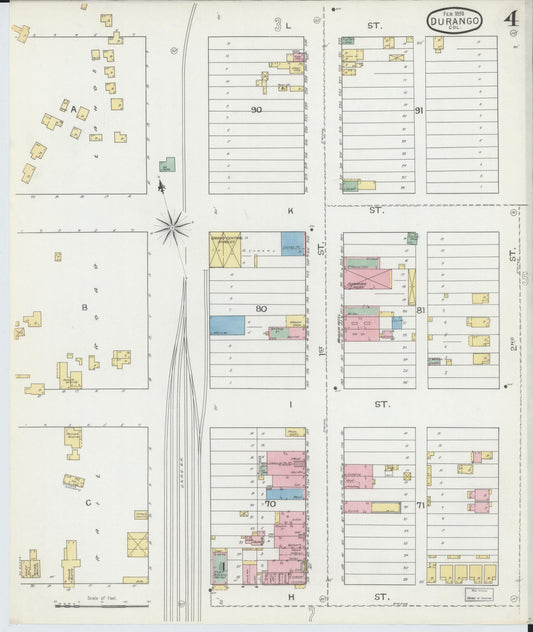 Sanborn Fire Insurance Map from Durango, La Plata County, Colorado (1893), Sheet #0004 - Historic Sanborn Fire Insurance Map Print, vintage old map wall art, antique decor, genealogy gift, Colorado Colorado map