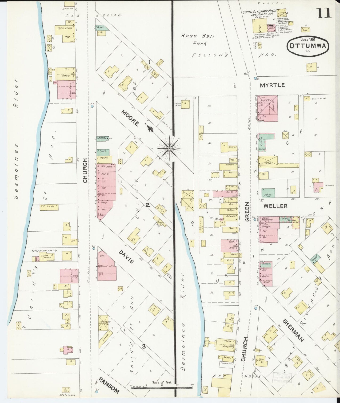 Sanborn Fire Insurance Map from Ottumwa, Wapello County, Iowa (1891), Sheet #0011 - Historic Sanborn Fire Insurance Map Print, vintage old map wall art