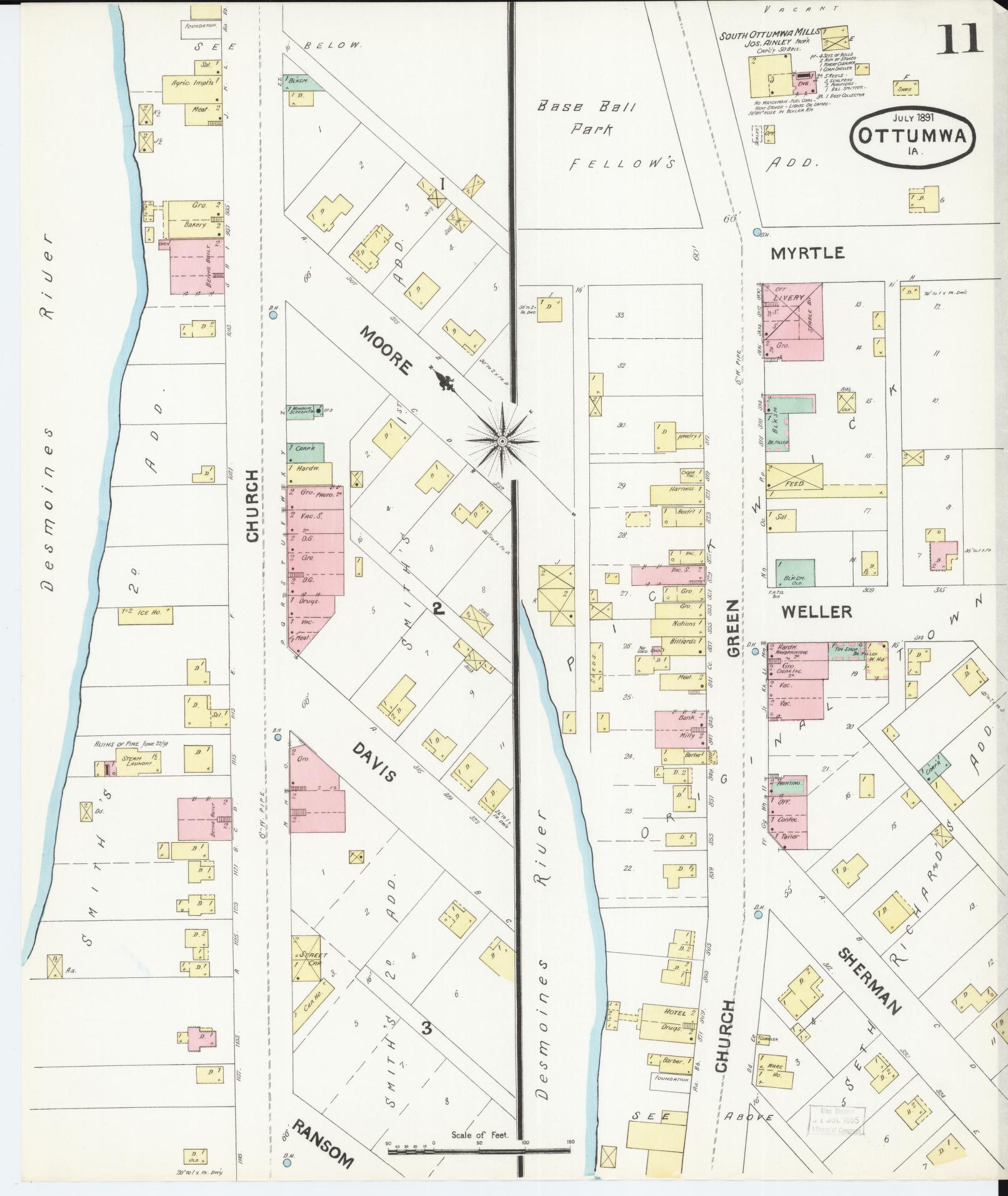Sanborn Fire Insurance Map from Ottumwa, Wapello County, Iowa (1891), Sheet #0011 - Historic Sanborn Fire Insurance Map Print, vintage old map wall art