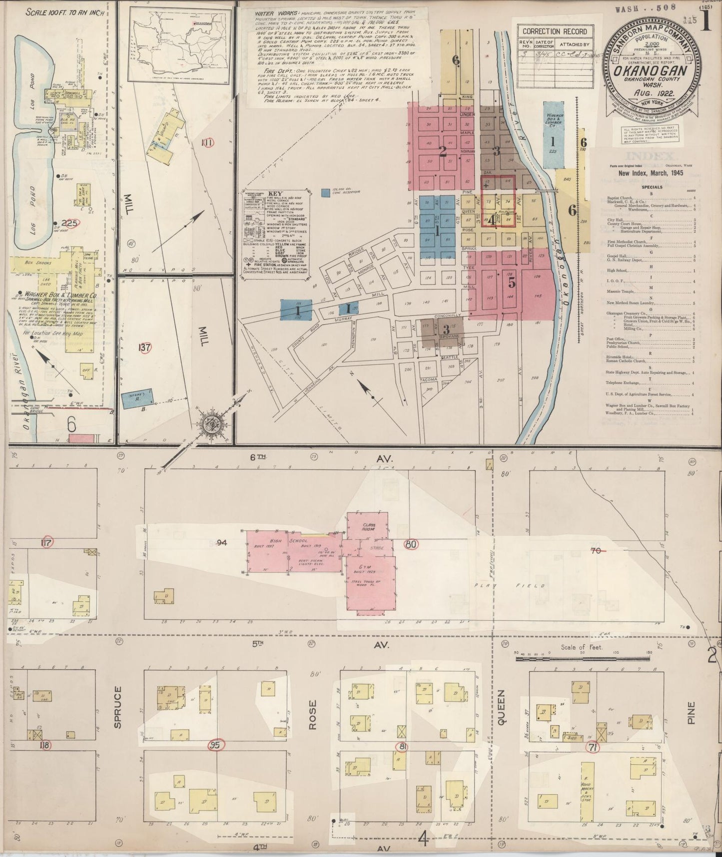 Sanborn Fire Insurance Map from Okanogan, Okanogan County, Washington (1945), Sheet #0001 - Historic Sanborn Fire Insurance Map Print, vintage old map wall art, antique decor, genealogy gift, Washington Washington map