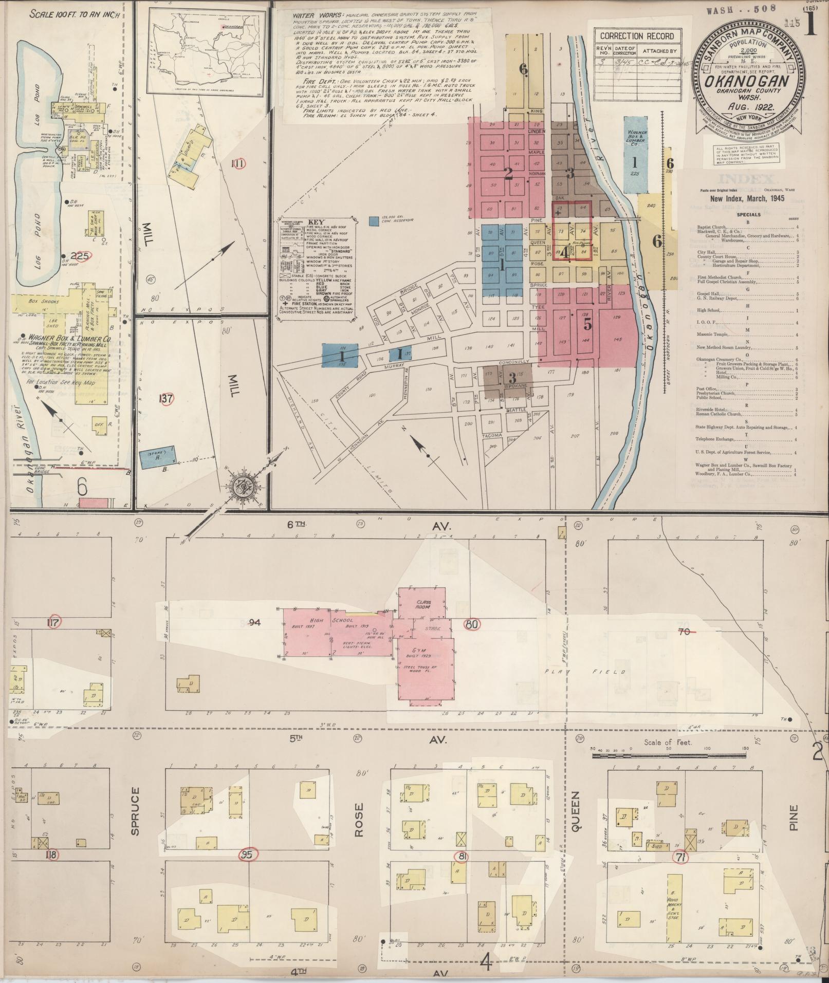 Sanborn Fire Insurance Map from Okanogan, Okanogan County, Washington (1945), Sheet #0001 - Historic Sanborn Fire Insurance Map Print, vintage old map wall art, antique decor, genealogy gift, Washington Washington map