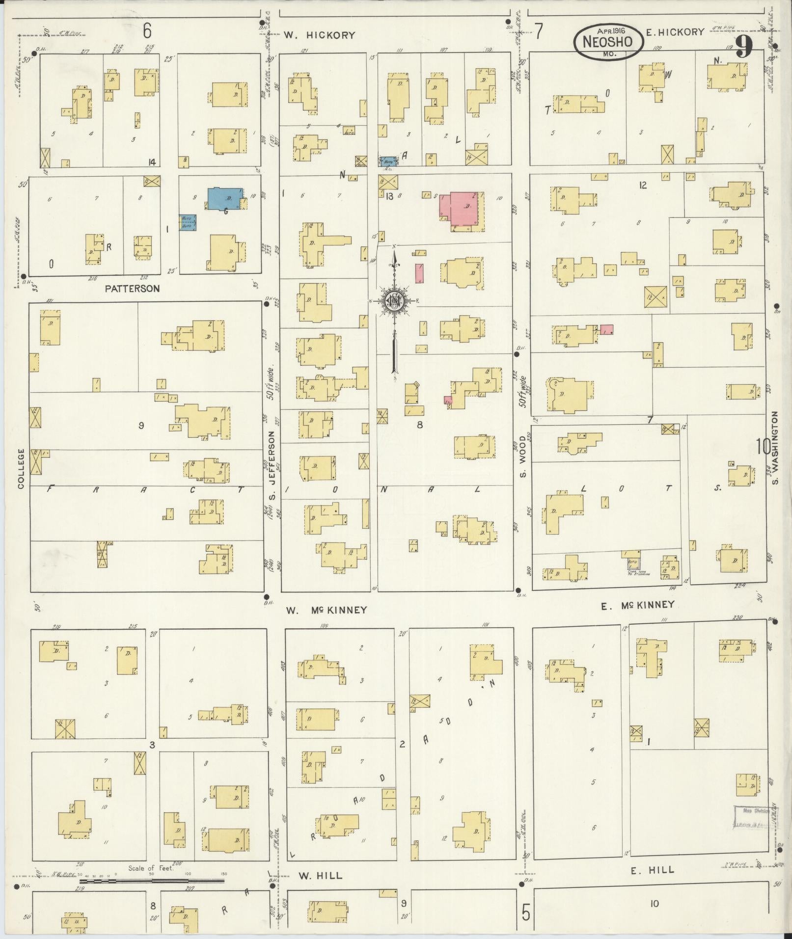 Sanborn Fire Insurance Map from Neosho, Newton County, Missouri (1916), Sheet #0009 - Complete Map Set gallery image, historic Sanborn map, vintage wall art, Missouri Missouri