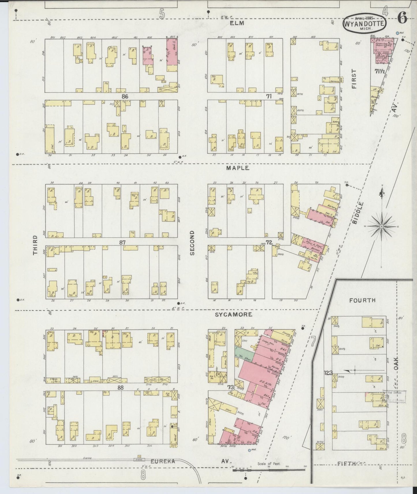 Sanborn Fire Insurance Map from Wyandotte, Wayne County, Michigan (1895), Sheet #0006 - Complete Map Set gallery image, historic Sanborn map, vintage wall art, Michigan Michigan