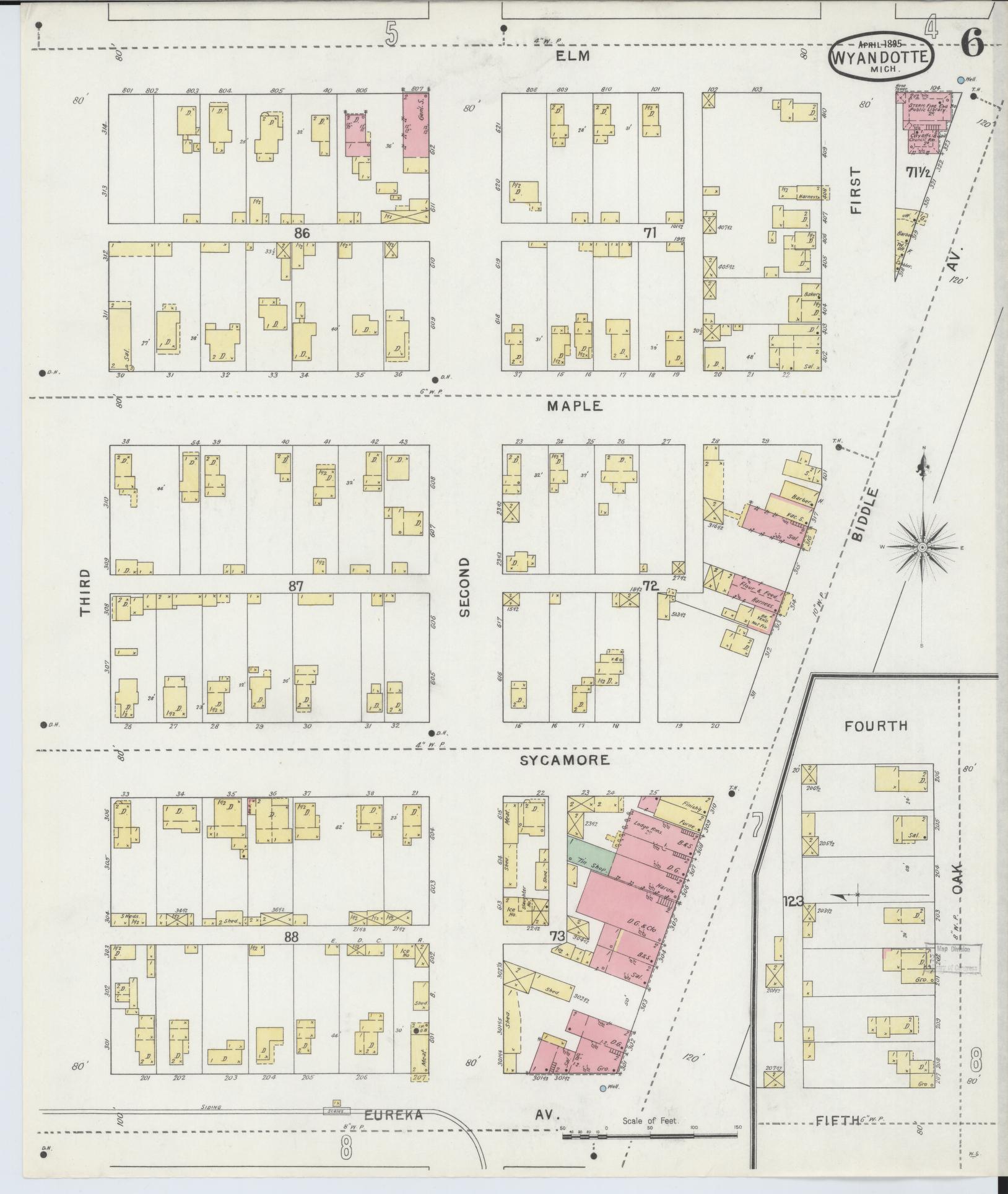 Sanborn Fire Insurance Map from Wyandotte, Wayne County, Michigan (1895), Sheet #0006 - Complete Map Set gallery image, historic Sanborn map, vintage wall art, Michigan Michigan