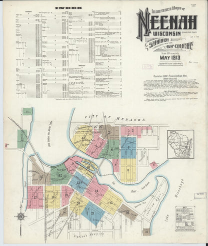 Sanborn Fire Insurance Map from Neenah, Winnebago County, Wisconsin (1913), Sheet #0001 - Historic Sanborn Fire Insurance Map Print, vintage old map wall art, antique decor, genealogy gift, Wisconsin Wisconsin map