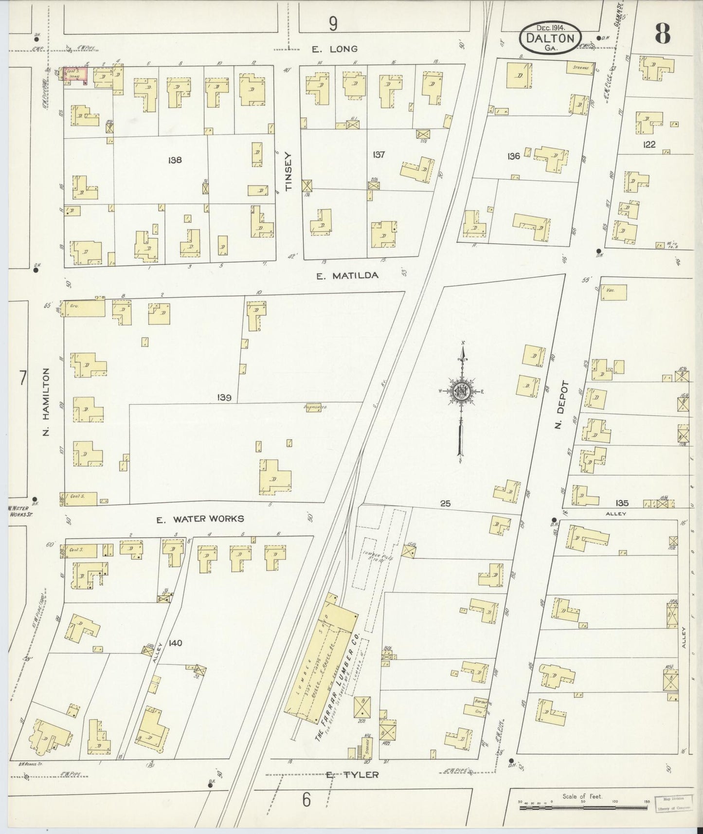Sanborn Fire Insurance Map from Dalton, Whitfield County, Georgia (1914), Sheet #0008 - Historic Sanborn Fire Insurance Map Print, vintage old map wall art, antique decor, genealogy gift, Georgia Georgia map