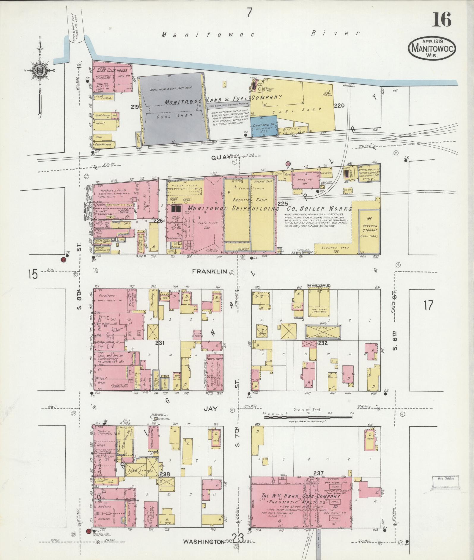 Sanborn Fire Insurance Map from Manitowoc, Manitowoc County, Wisconsin (1919), Sheet #0016 - Historic Sanborn Fire Insurance Map Print, vintage old map wall art, antique decor, genealogy gift, Wisconsin Wisconsin map