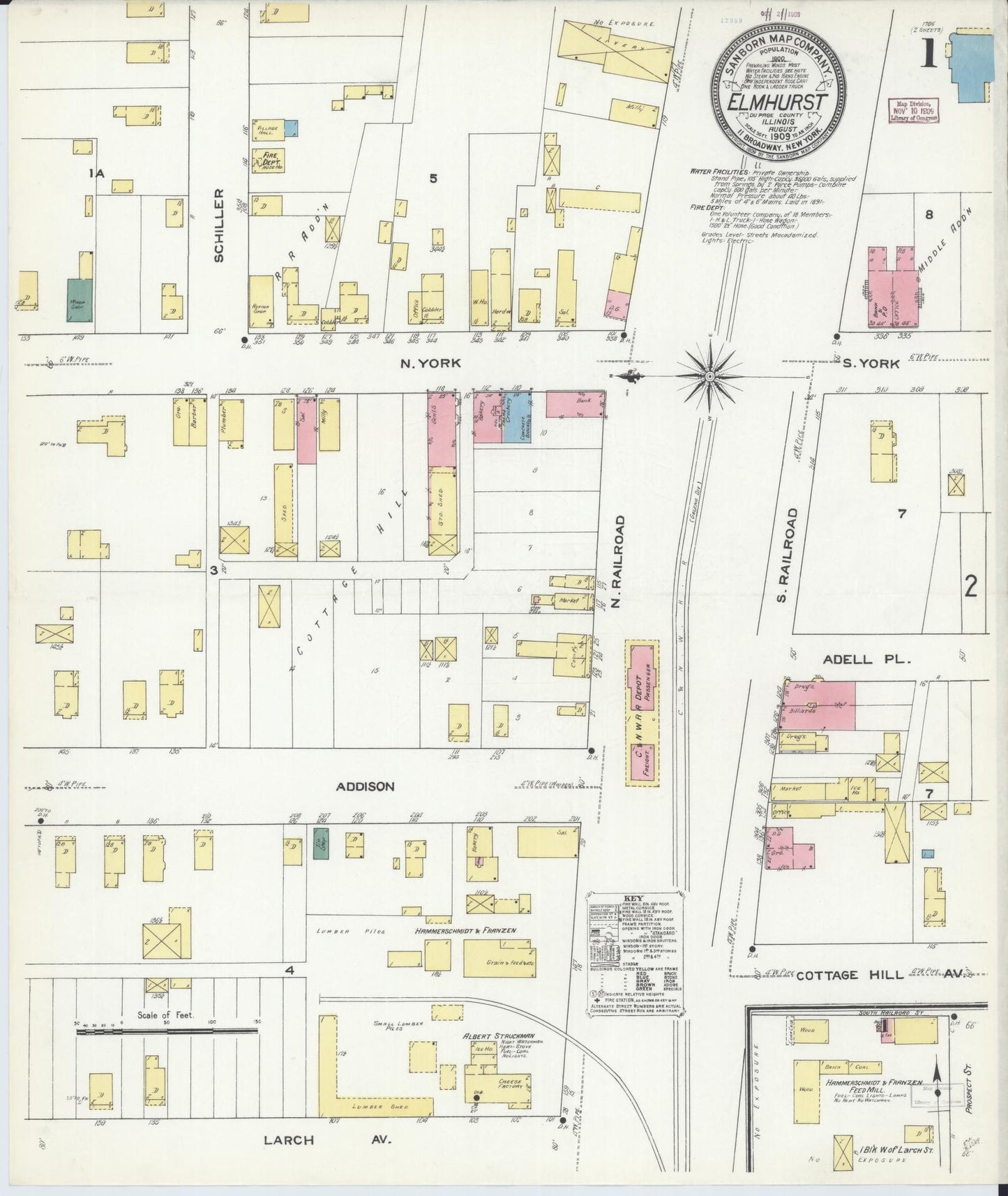 Sanborn Fire Insurance Map from Elmhurst, Du Page County, Illinois (1909), Sheet #0001 - Complete Map Set gallery image, historic Sanborn map, vintage wall art, Illinois Illinois