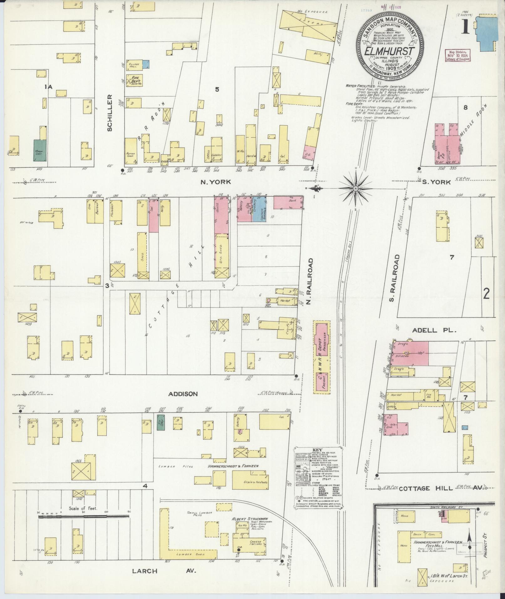 Sanborn Fire Insurance Map from Elmhurst, Du Page County, Illinois (1909), Sheet #0001 - Complete Map Set gallery image, historic Sanborn map, vintage wall art, Illinois Illinois