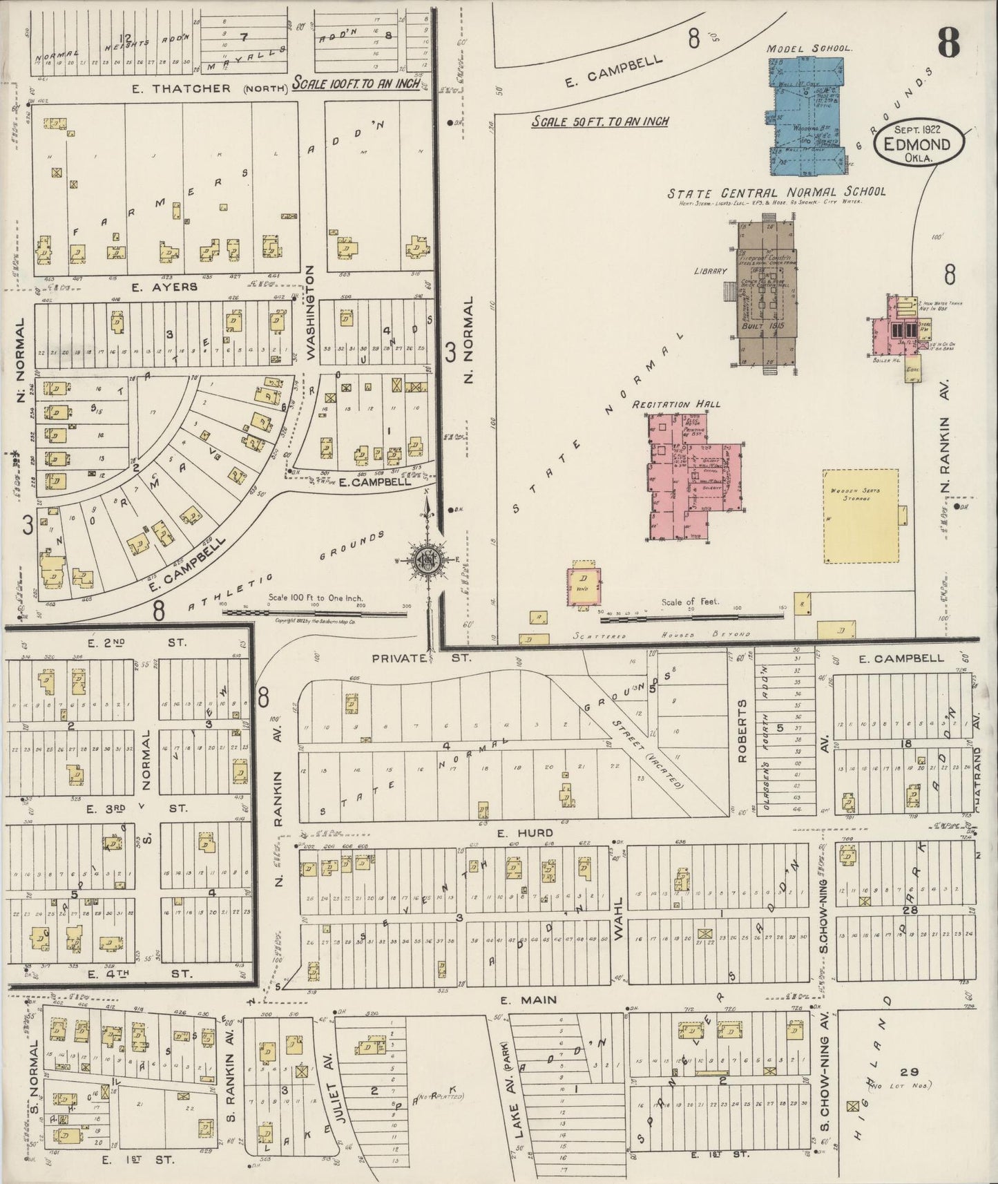 Sanborn Fire Insurance Map from Edmond, Oklahoma County, Oklahoma (1922), Sheet #0008 - Historic Sanborn Fire Insurance Map Print, vintage old map wall art, antique decor, genealogy gift, Edmond Oklahoma map