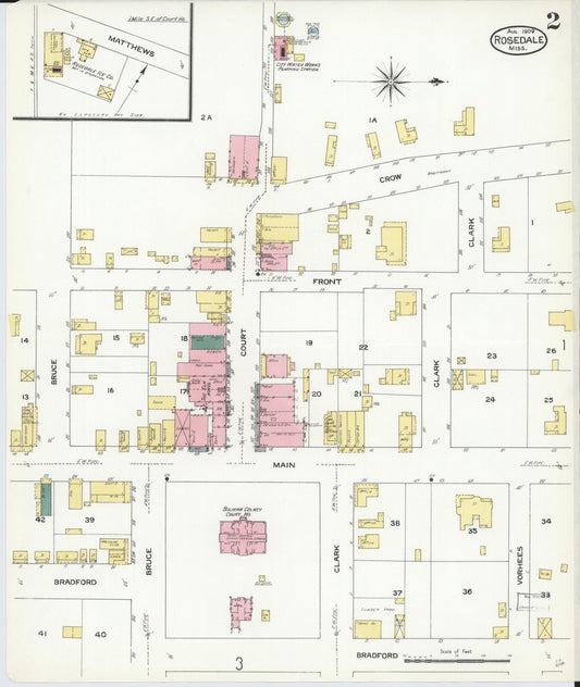 Sanborn Fire Insurance Map from Rosedale, Bolivar County, Mississippi (1909), Sheet #0002 - Historic Sanborn Fire Insurance Map Print, vintage old map wall art, antique decor, genealogy gift, Mississippi Mississippi map
