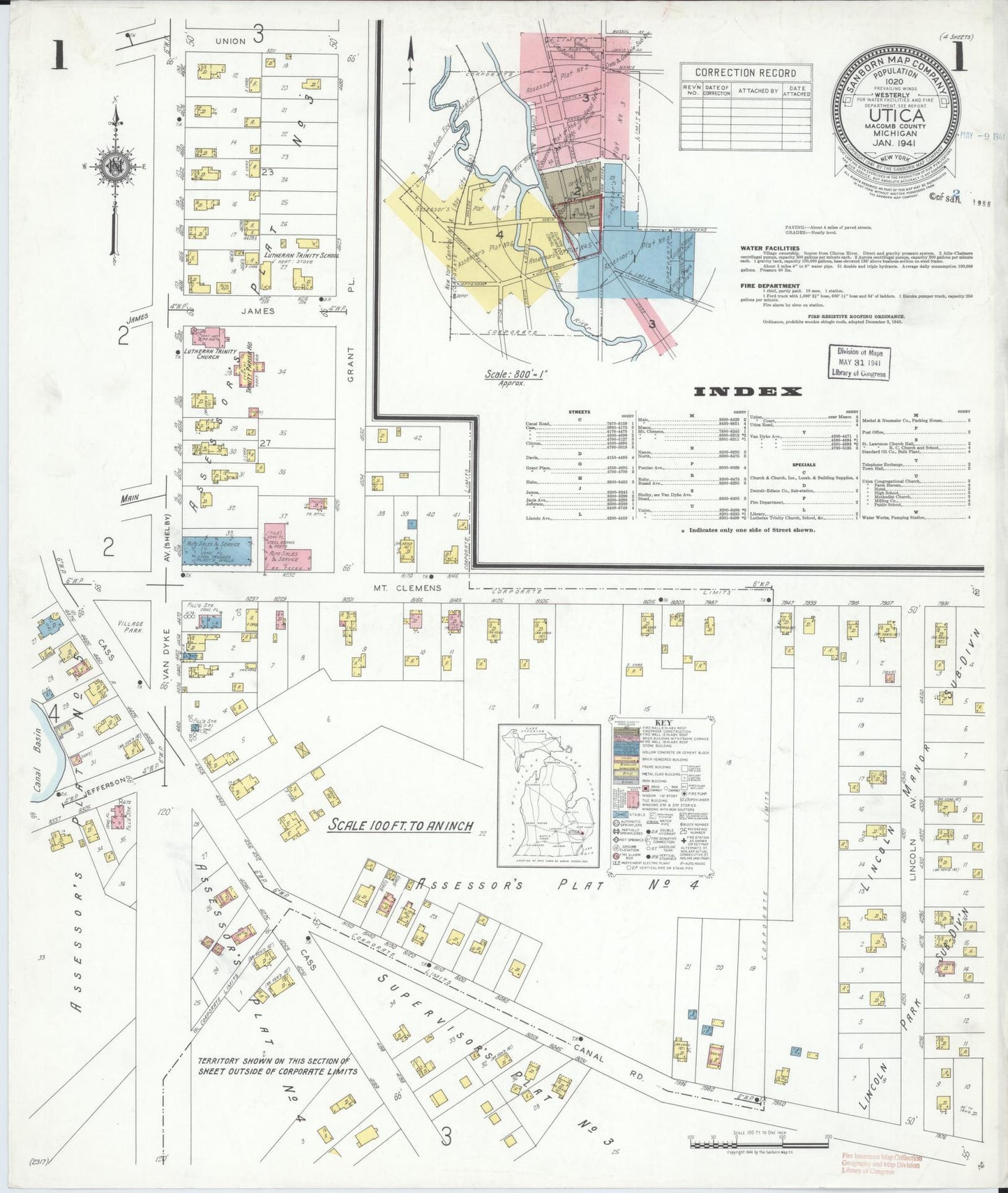 Sanborn Fire Insurance Map from Utica, Macomb County, Michigan (1941), Sheet #0001 - Historic Sanborn Fire Insurance Map Print, vintage old map wall art, antique decor, genealogy gift, Michigan Michigan map