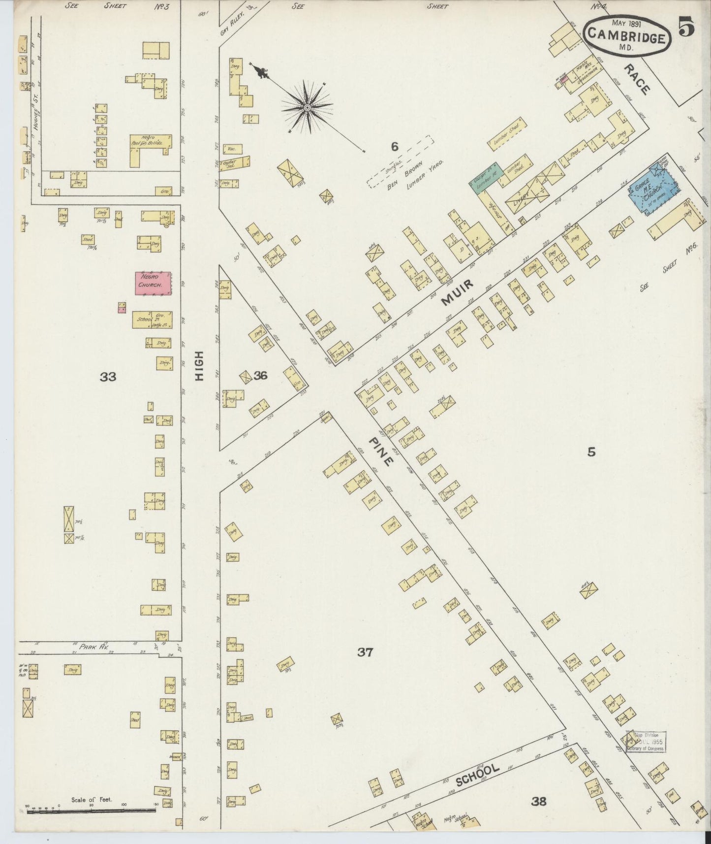 Sanborn Fire Insurance Map from Cambridge, Dorchester County, Maryland (1891), Sheet #0005 - Historic Sanborn Fire Insurance Map Print, vintage old map wall art, antique decor, genealogy gift, Maryland Maryland map