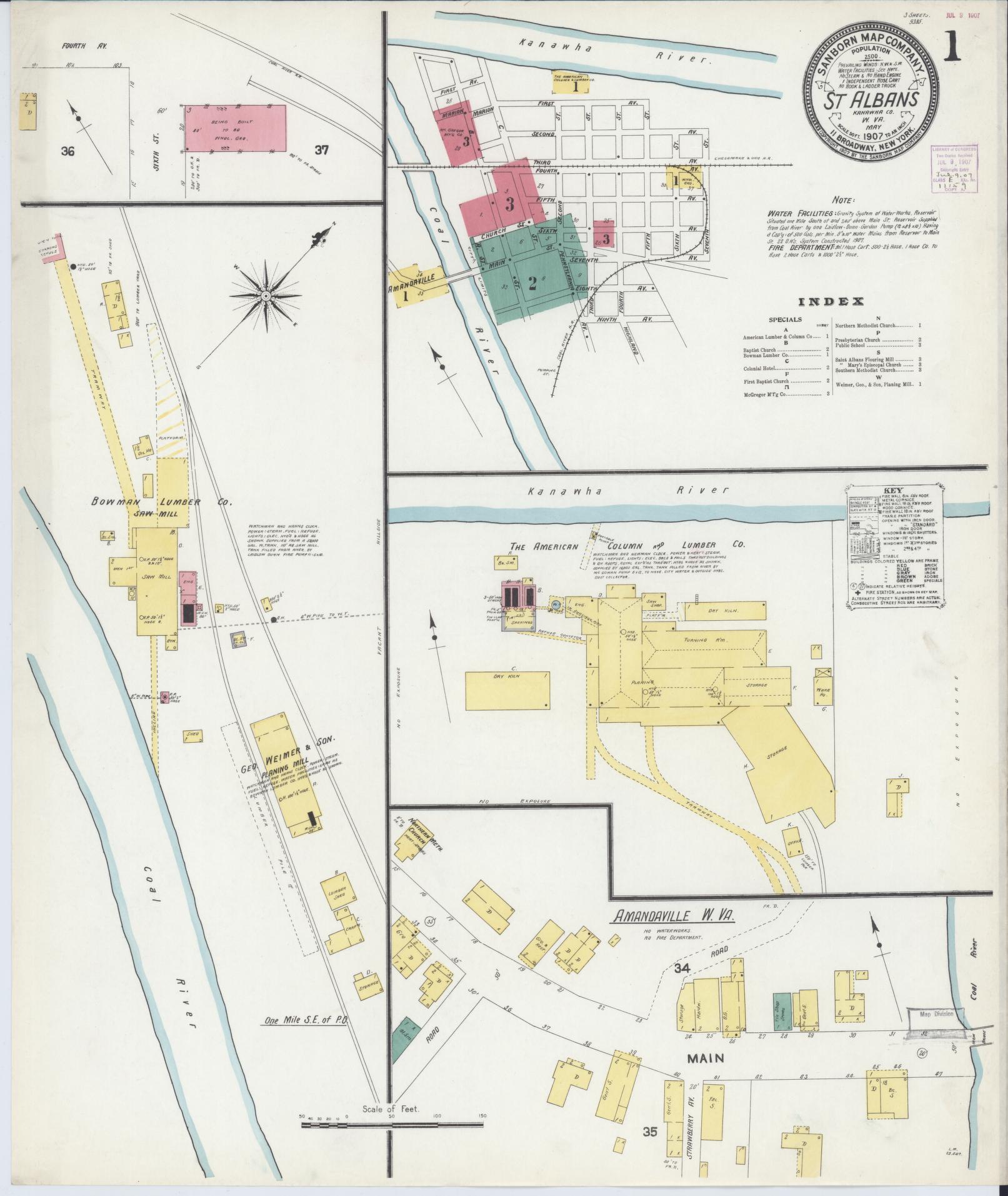 Sanborn Fire Insurance Map from Saint Albans, Kanawha County, West Virginia (1907), Sheet #0001 - Complete Map Set gallery image, historic Sanborn map, vintage wall art, West Virginia West Virginia