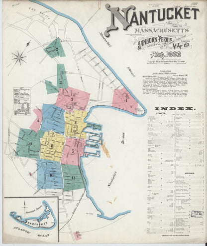 Sanborn Fire Insurance Map from Nantucket, Nantucket County, Massachusetts (1892), Sheet #0001 - Historic Sanborn Fire Insurance Map Print, vintage old map wall art, antique decor, genealogy gift, Massachusetts Massachusetts map