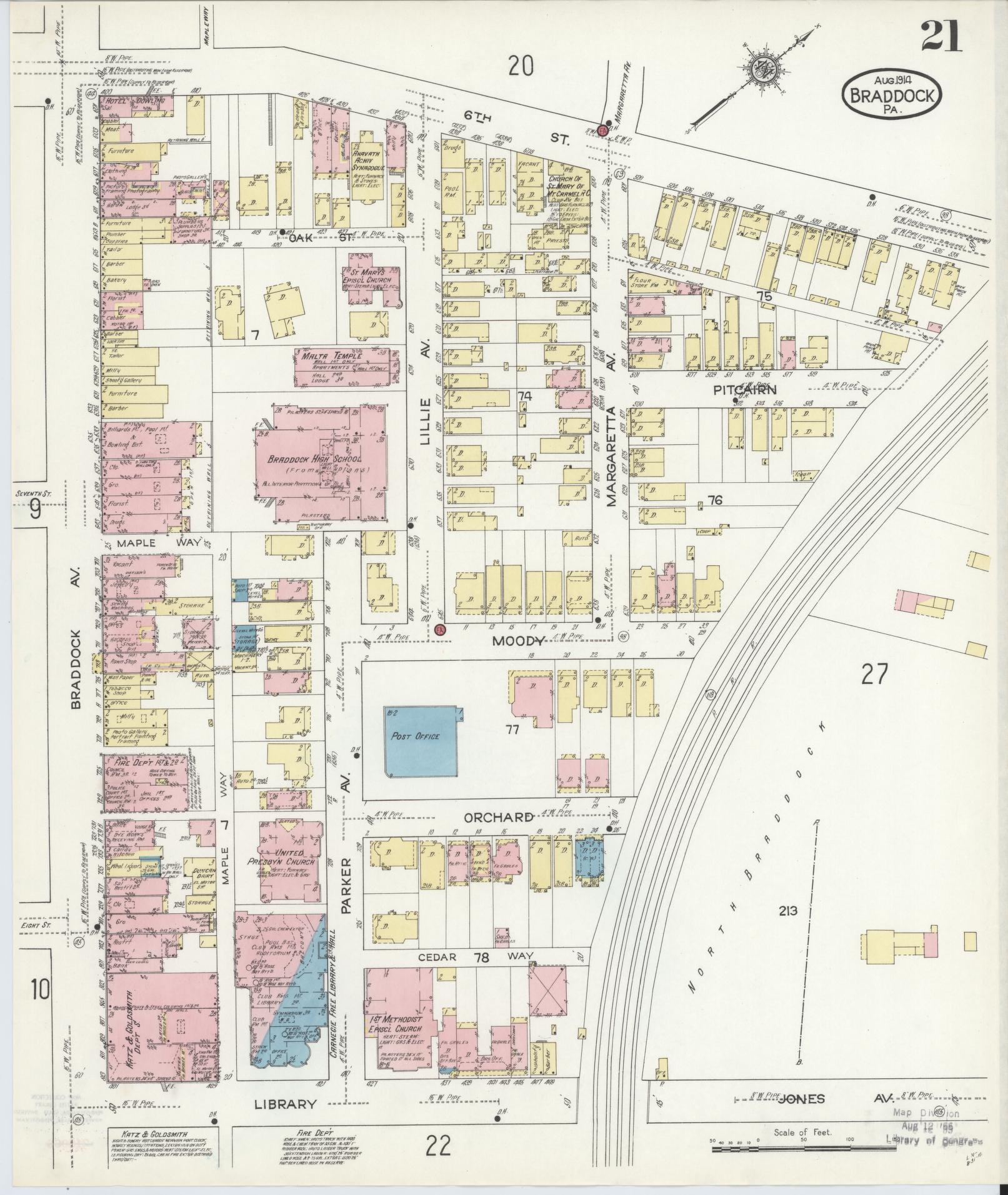 Sanborn Fire Insurance Map from Braddock, Allegheny County, Pennsylvania (1914), Sheet #0021 - Historic Sanborn Fire Insurance Map Print, vintage old map wall art, antique decor, genealogy gift, Pennsylvania Pennsylvania map