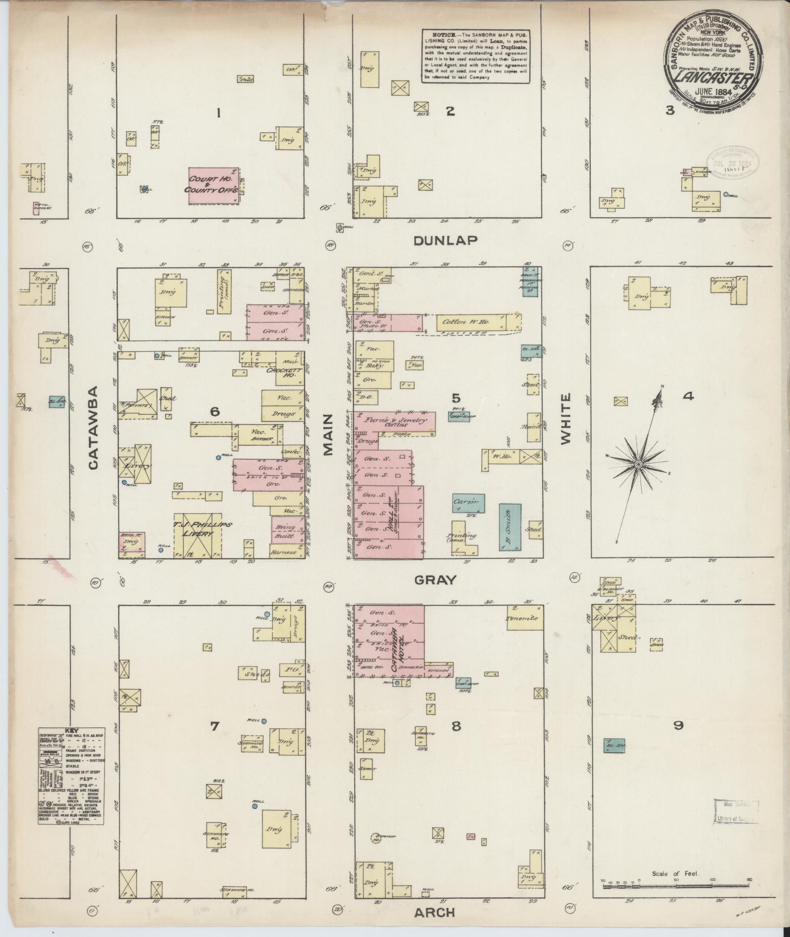 Sanborn Fire Insurance Map from Lancaster, Lancaster County, South Carolina (1884), Sheet #0001 - Historic Sanborn Fire Insurance Map Print, vintage old map wall art, antique decor, genealogy gift, South Carolina South Carolina map