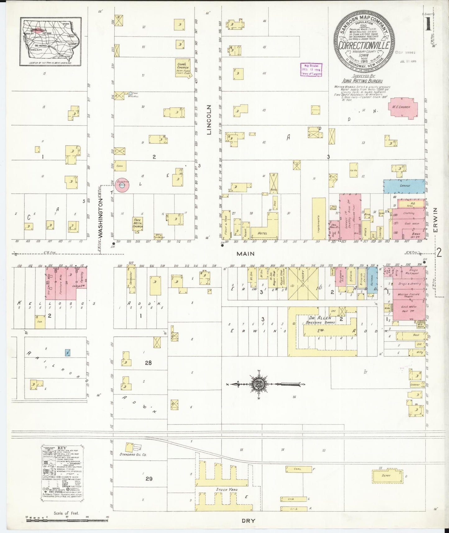Sanborn Fire Insurance Map from Correctionville, Woodbury County, Iowa (1916), Sheet #0001 - Historic Sanborn Fire Insurance Map Print, vintage old map wall art