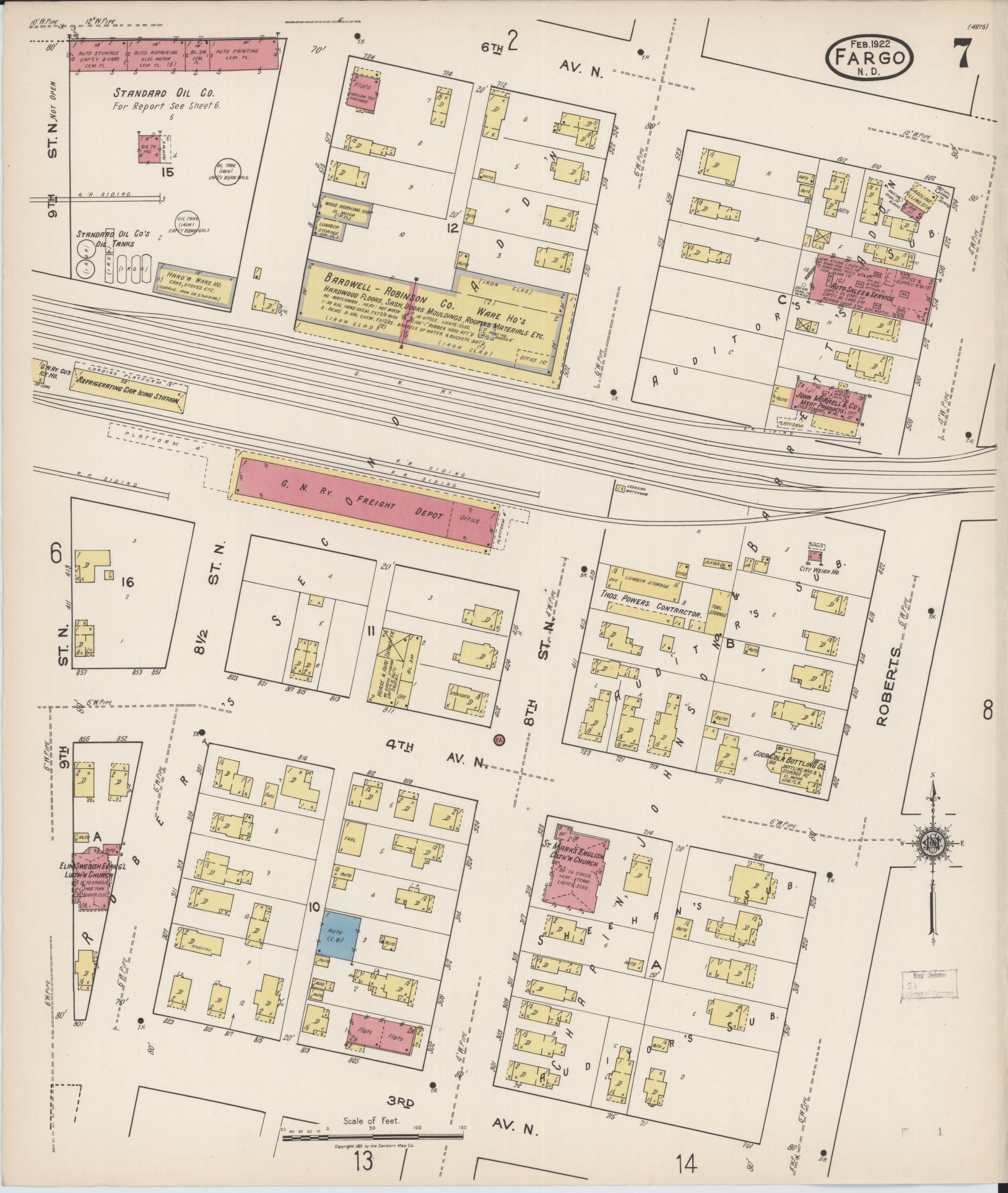Sanborn Fire Insurance Map from Fargo, Cass County, North Dakota (1922), Sheet #0007 - Complete Map Set gallery image, historic Sanborn map, vintage wall art, North Dakota North Dakota