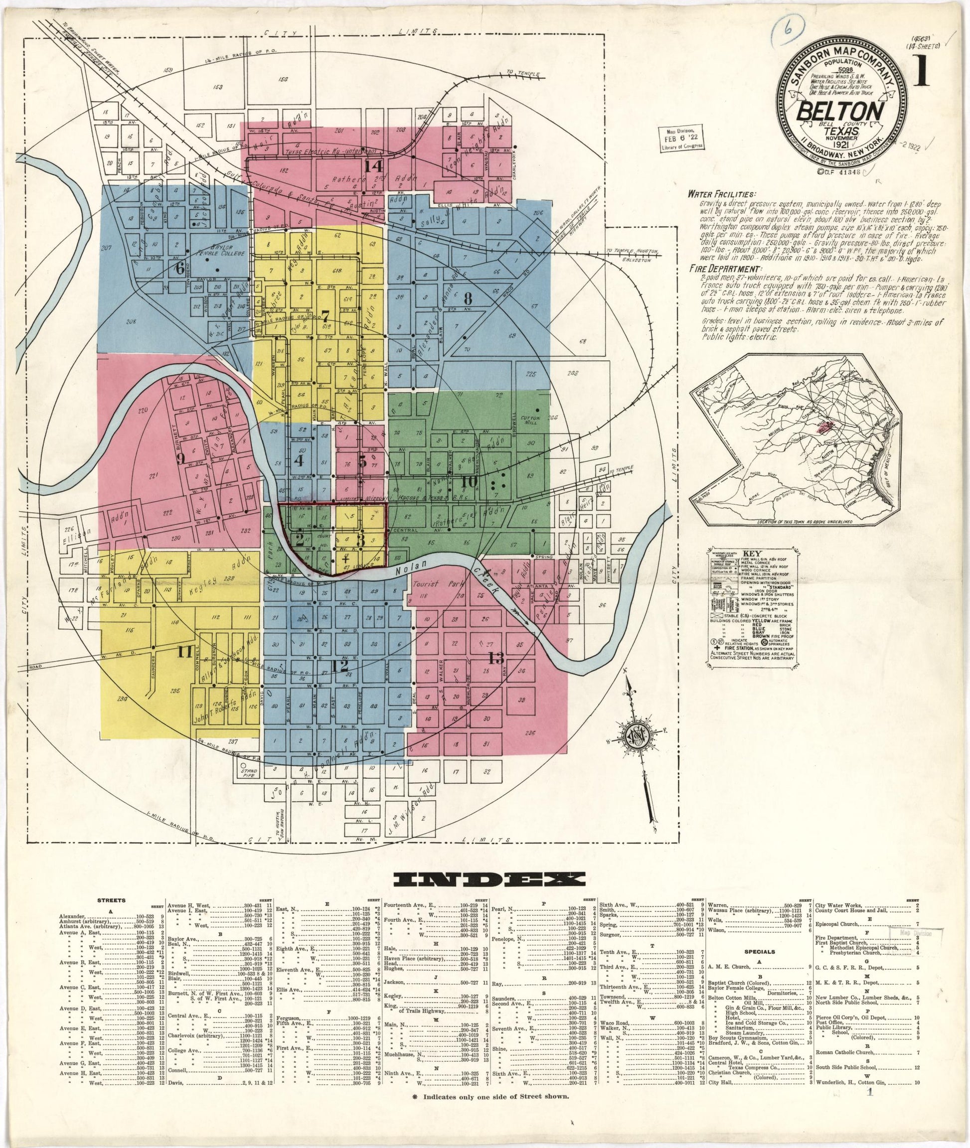 Sanborn Fire Insurance Map from Belton, Bell County, Texas (1921), Sheet #0001 - Historic Sanborn Fire Insurance Map Print, vintage old map wall art, antique decor, genealogy gift, Texas Texas map