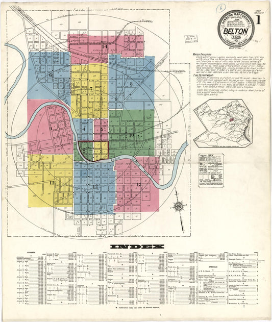Sanborn Fire Insurance Map from Belton, Bell County, Texas (1921), Sheet #0001 - Historic Sanborn Fire Insurance Map Print, vintage old map wall art, antique decor, genealogy gift, Texas Texas map
