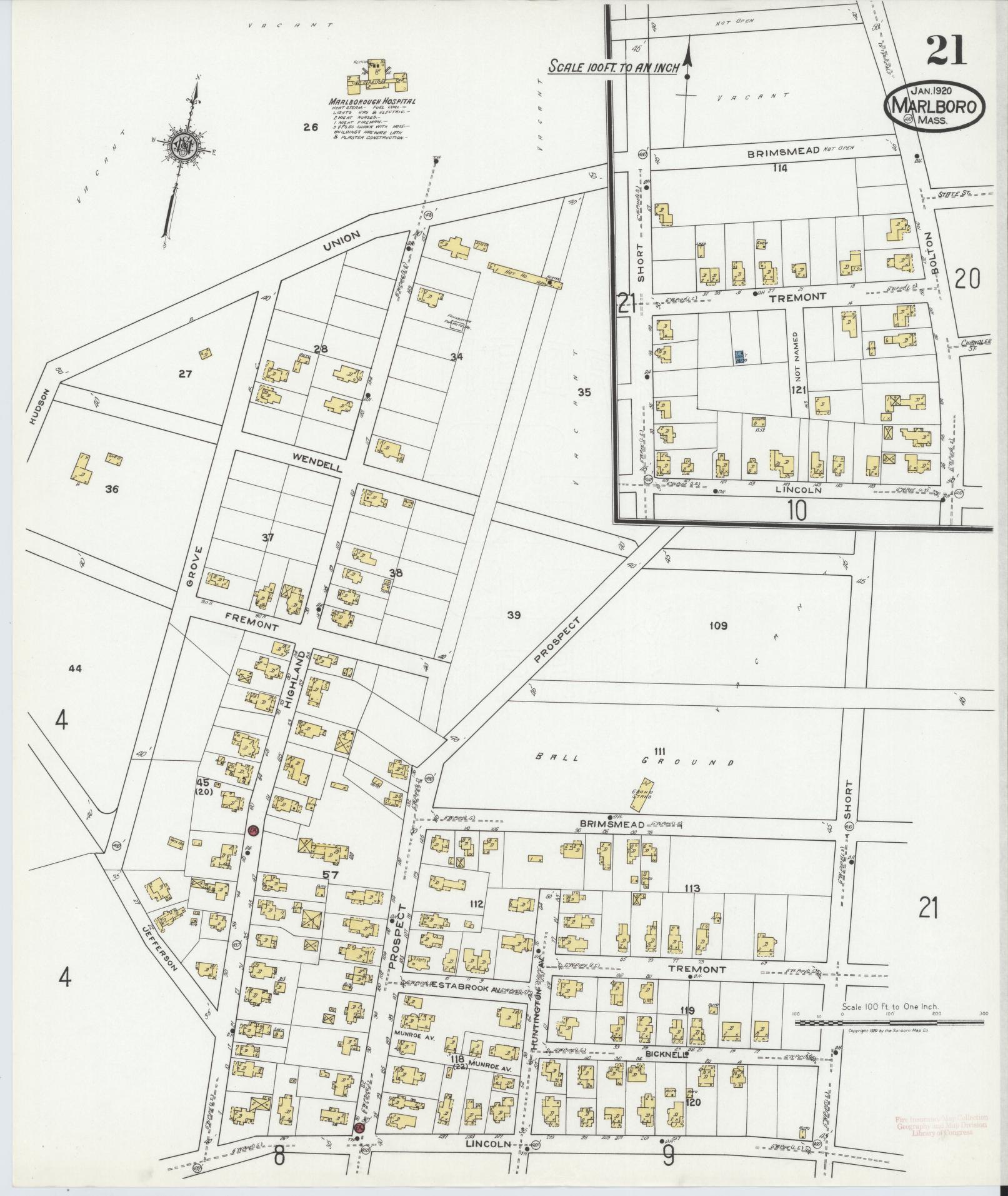 Sanborn Fire Insurance Map from Marlborough, Middlesex County, Massachusetts (1920), Sheet #0021 - Historic Sanborn Fire Insurance Map Print, vintage old map wall art, antique decor, genealogy gift, Massachusetts Massachusetts map