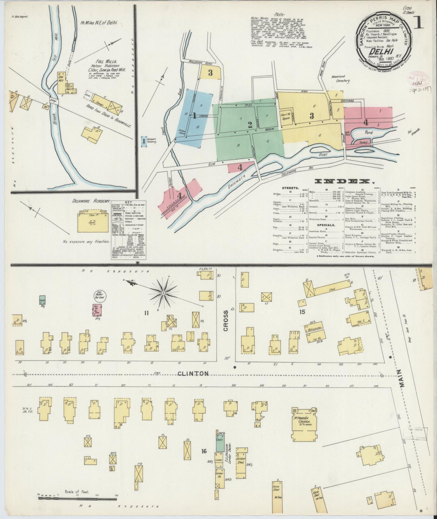 Sanborn Fire Insurance Map from Delhi, Delaware County, New York (1897), Sheet #0001 - Historic Sanborn Fire Insurance Map Print, vintage old map wall art, antique decor, genealogy gift, Delhi Delaware map