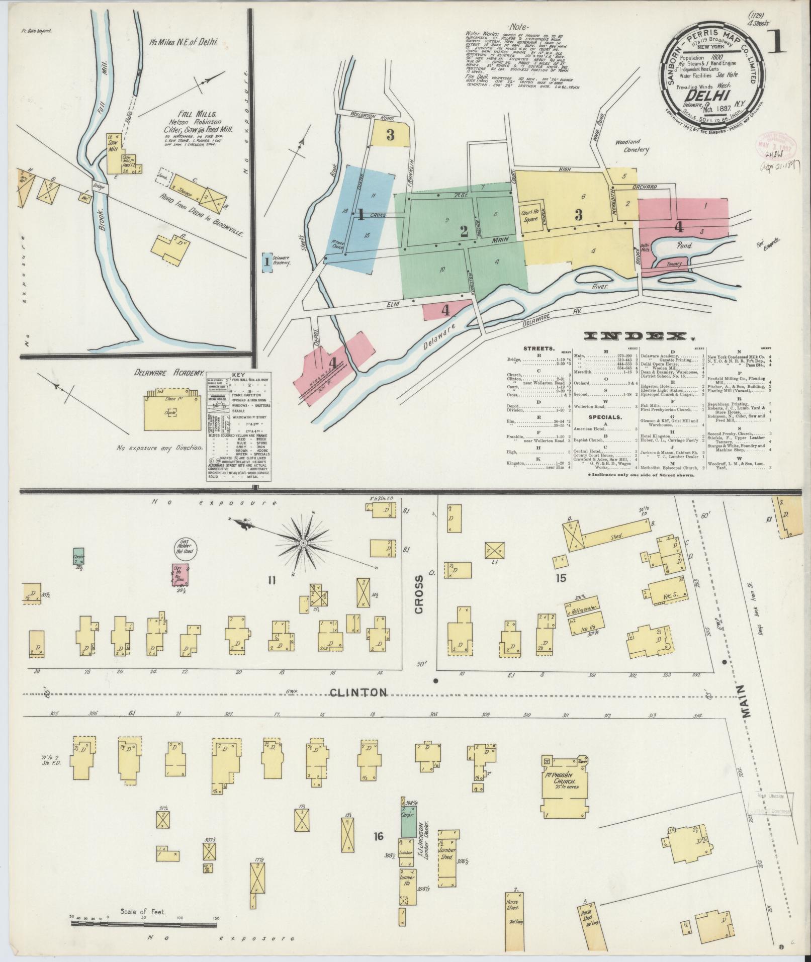 Sanborn Fire Insurance Map from Delhi, Delaware County, New York (1897), Sheet #0001 - Historic Sanborn Fire Insurance Map Print, vintage old map wall art, antique decor, genealogy gift, Delhi Delaware map