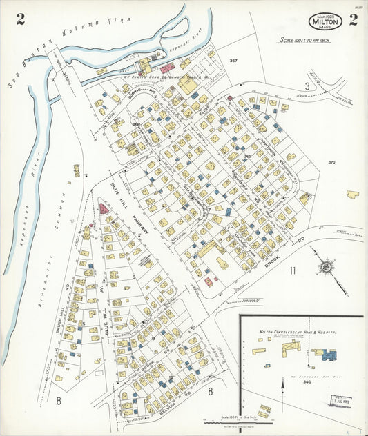 Sanborn Fire Insurance Map from Milton, Norfolk County, Massachusetts (1923), Sheet #0002 - Historic Sanborn Fire Insurance Map Print, vintage old map wall art, antique decor, genealogy gift, Massachusetts Massachusetts map