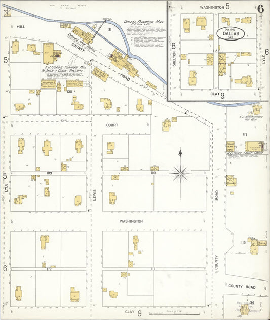 Sanborn Fire Insurance Map from Dallas, Polk County, Oregon (1905), Sheet #0006 - Historic Sanborn Fire Insurance Map Print, vintage old map wall art, antique decor, genealogy gift, Oregon Oregon map