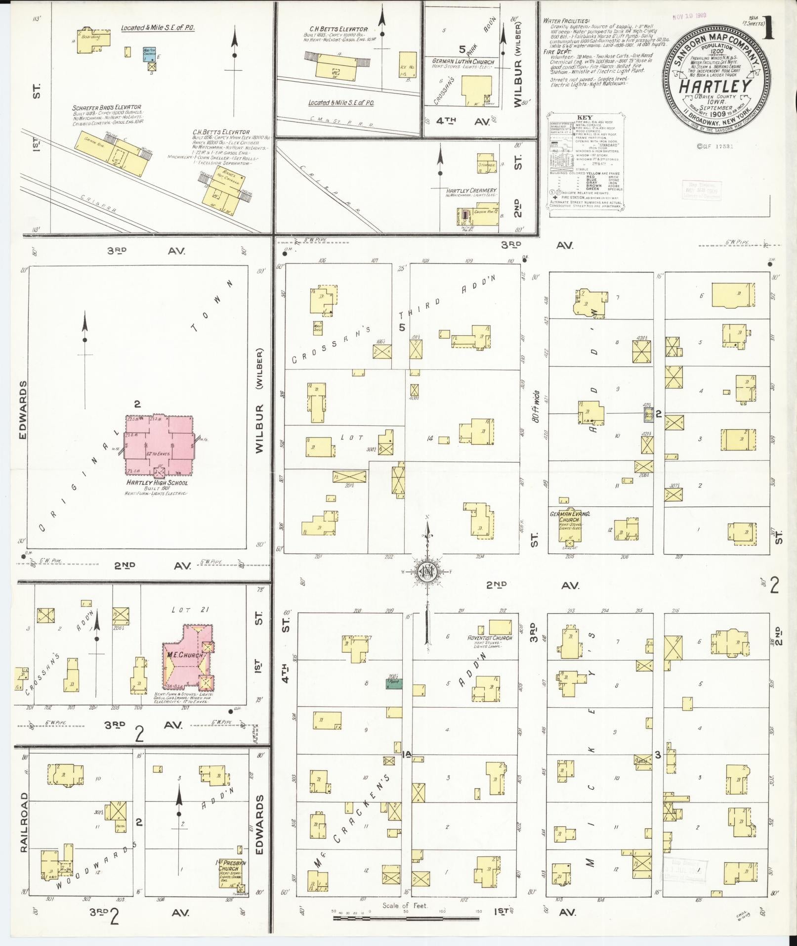 Sanborn Fire Insurance Map from Hartley, O'Brien County, Iowa (1909), Sheet #0001 - Historic Sanborn Fire Insurance Map Print, vintage old map wall art
