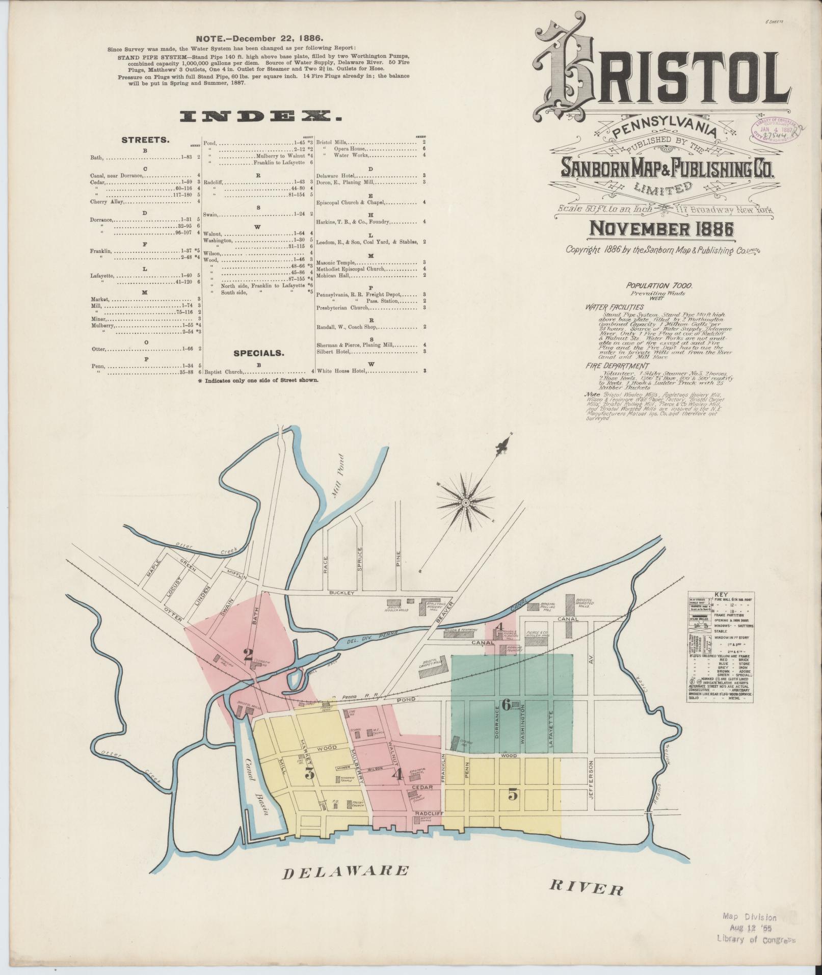 Sanborn Fire Insurance Map from Bristol, Bucks County, Pennsylvania (1886), Sheet #0001 - Historic Sanborn Fire Insurance Map Print, vintage old map wall art, antique decor, genealogy gift, Pennsylvania Pennsylvania map