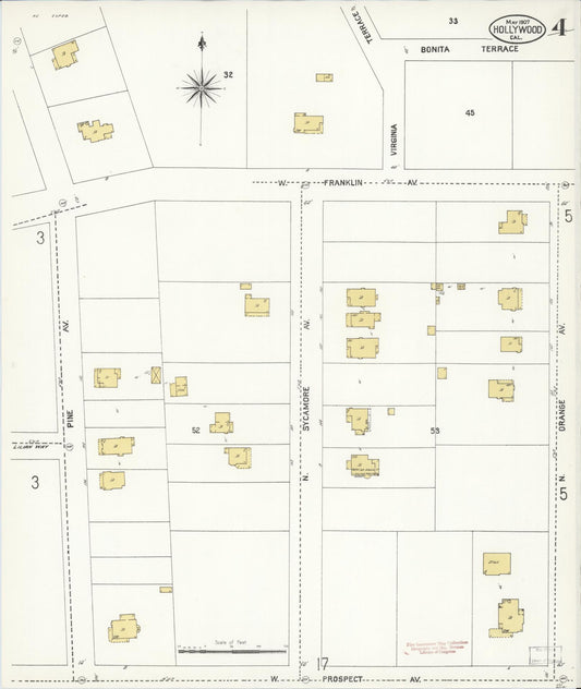 Sanborn Fire Insurance Map from Hollywood, Los Angeles County, California (1907), Sheet #0004 - Historic Sanborn Fire Insurance Map Print, vintage old map wall art, antique decor, genealogy gift, California California map