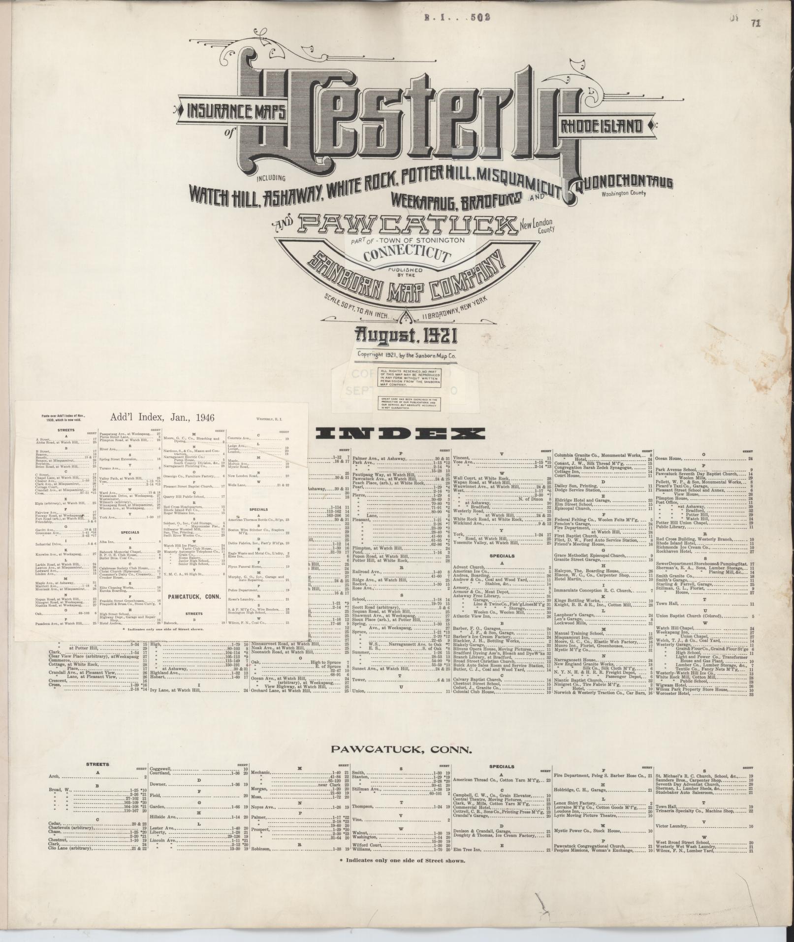 Sanborn Fire Insurance Map from Westerly, Washington County, Rhode Island. (1946) – Historic Sanborn Fire Insurance Map Print